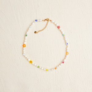 Millefiori Glass Flower Bead & Pearl Necklace