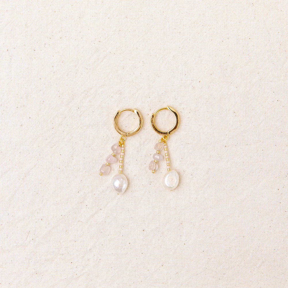 
            
                Load image into Gallery viewer, Pink Crystal Quartz &amp;amp; Pearl Gold Hoops
            
        