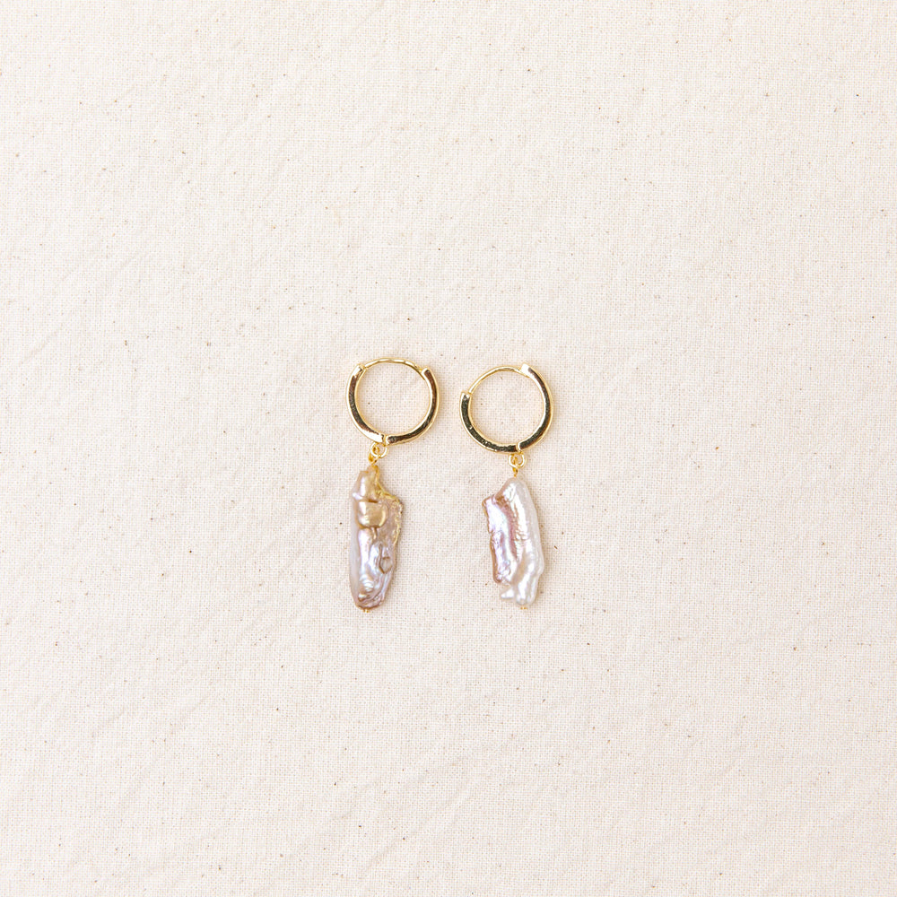 
            
                Load image into Gallery viewer, Taupe Pearl Gold Hoops
            
        